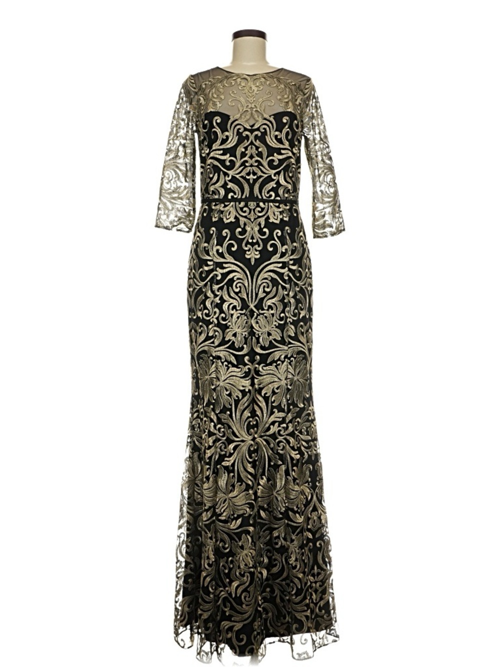 NWT Marchesa Notte Size 6 Black Gold Metallic Embroidered Illusion Mermaid Gown